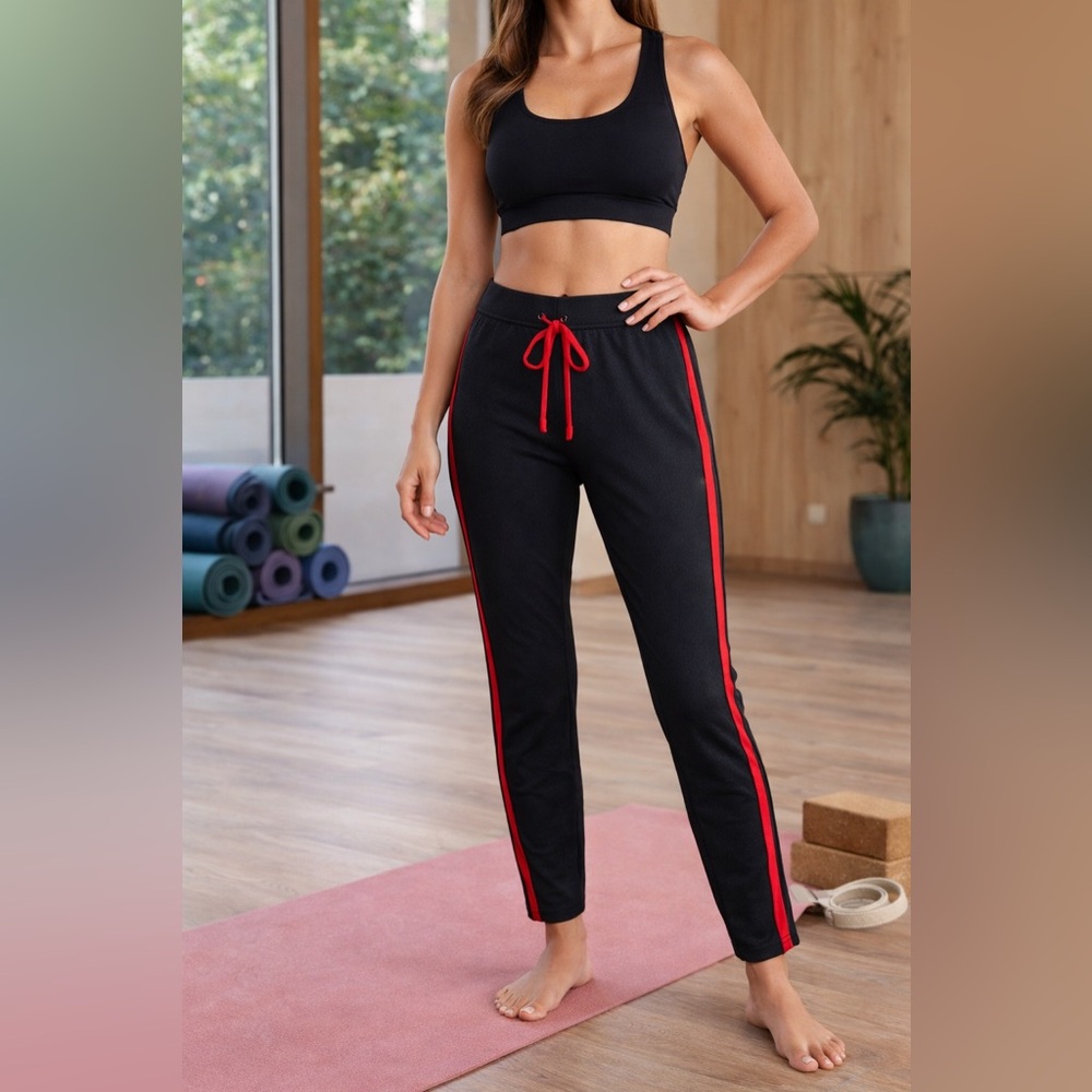 NWOT Iris Black Leggings Red Racing Stripe Drawstring Waist Size Medium